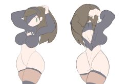 big_ass big_breasts brickshoes brown_hair cosplay exposed_back eye_covered frown green_eyes leotard long_hair mob_face nier:_automata no_shading shadowleggy simple_coloring tagme thick_thighs thighhighs white_background yorha_2b