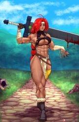 abs barbarian biceps big_breasts boots braid breasts busty cleavage dark-skinned_female dark_skin fantasy female female_focus female_only full_body genie_(rune_soldier) hourglass_figure liuskin loincloth long_hair muscles muscular muscular_female navel pinup pinup_pose red_hair rune_soldier_(mahou_senshi_louie) skimpy skimpy_clothes tagme wardrobe_malfunction wide_hips