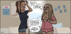 2girls bimbo bimbofication blonde_hair breast_expansion brown_hair comic english_text female_only glasses multiple_girls nipples roommates sortimid text transformation virus