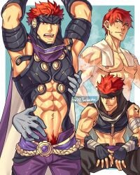 1boy abs armpits bara blue_background cape disembodied_limb fingerless_gloves fire_emblem fire_emblem:_the_blazing_blade gloves groping hairband highres invisible_chair jaffar_(fire_emblem) male male_focus male_pubic_hair muscular muscular_male nintendo nipples open_mouth pubic_hair pubic_hair_peek red_eyes red_hair short_hair sitting solo_focus steaming_body tattoo towel towel_around_neck twitter_username wet yaekaidou