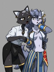 2023 2girls black_body black_fur blue_body blue_fur blue_hair blush breasts canine cat_ears cat_girl cheek_tuft egyptian_clothes fangs feline female female_only fluffy_tail furry furry_only grey_eyes half-closed_eyes hand_on_waist hazel_eyes holding_hands navel nulia simple_background small_breasts tail tarahe teeth tongue wolf_ears wolf_girl wolf_tail yuri