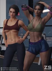 2girls 3d 3d_(artwork) 3dx blender_(software) blender_cycles brown_eyes brown_hair cyberpunk_2077 fit fit_female fitness gym gym_bottomwear gym_clothes gym_clothing gym_shirt gym_shorts gym_uniform jill_valentine jill_valentine_(sasha_zotova) leggings looking_at_viewer looking_pleasured panam_palmer pinup puckered_lips resident_evil resident_evil_3 resident_evil_3_remake short_hair shorts tattoo topwear underboob zodros