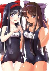 2girls arm_around_waist blue_eyes blush breasts brown_hair covered_navel dark-skinned_female dark_skin hair_ribbon long_hair medium_breasts multiple_girls murasaki_nakoruru nakoruru open_mouth purple_eyes purple_hair ribbon samurai_shodown school_swimsuit smile snk swimsuit thighs wide_hips