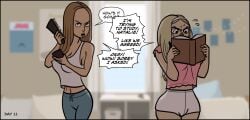 2girls bimbo bimbofication blonde_hair breast_expansion brown_hair comic english_text female_only glasses multiple_girls roommates sortimid text transformation virus