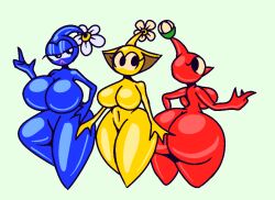 3girls big_ass big_breasts blue_body blue_pikmin featureless_breasts female female_only flower flowers gremlingrounded multiple_girls naked no_nipples nude pikmin pikmin_(species) pointy_nose red_body red_pikmin yellow_body yellow_pikmin