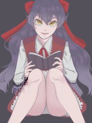 1girls ellen_(majo_no_ie) gold_eyes holding_book looking_at_viewer majo_no_ie open_legs pantyshot purple_hair ribbon the_witch's_house