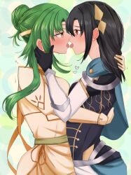 2girls ass black_hair breast_press breasts elincia_ridell_crimea female female_only fire_emblem fire_emblem:_path_of_radiance fire_emblem:_radiant_dawn fire_emblem_engage french_kiss gloves green_hair hug kissing looking_at_another medium_breasts multiple_girls nel_(fire_emblem) nintendo red_eyes symmetrical_docking tongue tongue_out toshimasa yellow_eyes