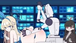 2girls 4_arms 5_5_tea_ animated avant_garde_(blue_archive) bent_over black_hair blonde_hair blue_archive bunnysuit clapping cleaning_&_clearing_(blue_archive) crossed_arms funny huge_ass large_breasts light-skinned_female millennium_science_school_student multi_arm multi_limb plap_(sound) rio_(blue_archive) robot seminar_(blue_archive) slapping_ass small_breasts sound spanking toki_(blue_archive) toki_(bunny)_(blue_archive) v video