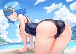 all_fours beach big_butt blue_eyes blue_hair blue_sky blush butt cameltoe clothing cloud cloudy_sky fat_ass feet_out_of_frame female high_resolution huge_butt lana_(pokemon) large_butt looking_at_viewer looking_back nintendo nobita_(nbnobita) one-piece_swimsuit open_mouth outdoors pokemon pokemon_sm short_hair sky solo sukumizu swimsuit tank_suit thick_thighs thighs water wet wide_hips