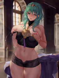 1girls azto_dio bandeau bangs bare_shoulders bare_thighs breast_hold breasts breasts_out_of_clothes byleth_(fire_emblem) byleth_(fire_emblem)_(female) detached_collar enlightened_byleth_(female) female female_only fire_emblem fire_emblem:_three_houses green_eyes green_hair holding_breast huge_breasts indoors jewelry lactation looking_at_viewer medium_hair navel nintendo nipples open_mouth pendant shorts solo tassel tiara