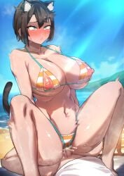 1boy 1girls abs animal_ears beach big_breasts bikini black_hair blue_eyes blush cat_ears cat_tail cowgirl_position creampie cum cum_in_pussy cum_inside ejaculation female hololive hololive_gen_2 hololive_japan huge_breasts large_breasts light-skinned_female light-skinned_male light_skin nipples oozora_subaru outdoors outside sand sex short_hair steam swimsuit tail twilaika vaginal_penetration virtual_youtuber voluptuous