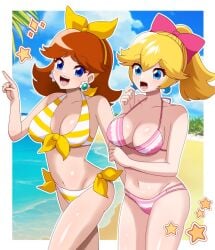 2girls beach bikini blonde_hair blue_eyes breasts brown_hair cleavage day dooon_chaaan earrings female female_only flower_earrings friends grin hair_between_eyes highres jewelry large_breasts legs looking_at_another mario_(series) medium_breasts multiple_girls navel nintendo open_mouth palm_tree ponytail princess_daisy princess_peach ribbon shiny_skin smile standing swimsuit tagme tomboy tree water