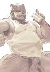 alcohol animal_ears armpit_hair bara beard belly blush body_hair chest_hair clothed_erection curtis_wuedti drinking drunk eyes_covered facial_hair furry hat knit_cap leg_hair male_only mr_knit_hat pecs pubic_hair tank_top tenting transparent_clothing wuedti