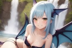 1girls ai_generated blue_hair blush cum cum_on_body cum_on_breasts dragon_girl dragon_horns dragon_wings horns looking_at_viewer medium_breasts oasis skirt smiling sole_female waterfall wings