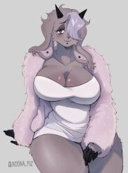 1girls 2023 anthro big_breasts black_eyes blush bovid breasts brown_fur brown_hair caprine cleavage dress ear_piercing facial_piercing female female_only flesh_tunnel floppy_ears fur gauged_ear goat goat_horns hi_res highlights_(coloring) horizontal_pupils horns lip_piercing looking_at_viewer mammal narrowed_eyes noona_(noona_plz) noona_plz piercing purple_highlights smiling smiling_at_viewer solo thick_thighs