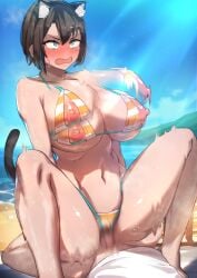 1boy 1girls abs animal_ears beach big_breasts bikini black_hair blue_eyes blush cat_ears cat_tail cowgirl_position female hololive hololive_gen_2 hololive_japan huge_breasts large_breasts light-skinned_female light-skinned_male light_skin nipples oozora_subaru outdoors outside sand sex short_hair steam swimsuit tail twilaika vaginal_penetration virtual_youtuber voluptuous