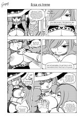 2girls armor armored_female aroused bear_hug bearhug big_breasts blush breast_sucking breasts_out caught_off_guard close-up closed_eyes comic dialogue erza_scarlet exposed_breasts fairy_tail female female_only fight from_above ginspot head_between_breasts heart_pattern huge_breasts incest irene_belserion lifting_person long_hair milf monochrome mother_and_daughter nipples petting shirt_lift speech_bubble stripping sucking sucking_nipples surprised underboob undressing witch witch_hat yuri