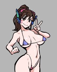 1girls ahemaru bikini breasts d.va female micro_bikini overwatch ponytail solo swimsuit tagme v