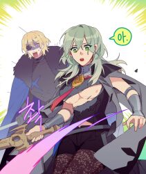 1boy 1girls accidental_exposure assisted_exposure blonde_hair breasts byleth_(fire_emblem) byleth_(fire_emblem)_(female) damaged_clothes dimitri_alexandre_blaiddyd female fire_emblem fire_emblem:_three_houses green_eyes green_hair kkomcce large_breasts leggings male nintendo sword sword_of_the_creator torn_clothes underboob weapon