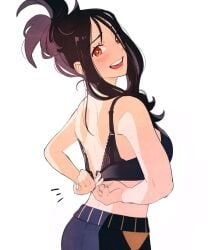 1girls back black_bra black_hair blush bra bra_removed breasts dendra_(pokemon) dressing female female_only looking_at_viewer looking_back open_mouth orange_eyes osg_pk pokemon pokemon_sv scar scar_on_face scar_on_forehead smile solo sweat teeth underwear undressing