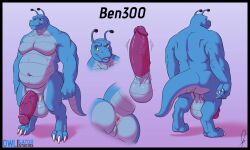 2020 5:3 absurd_res agroalba alien anthro anus balls big_balls big_penis black_border blue_body border digital_media_(artwork) dragon erection feet genitals green_eyes hi_res humanoid_genitalia humanoid_penis male model_sheet navel overweight overweight_anthro overweight_male penis pink_background reptile scalie simple_background solo text tongue tongue_out vein veiny_penis