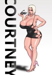 1girls asa_(teng_zi) bare_legs big_breasts big_lips bimbo bimbo_lips black_lips black_lipstick blonde_hair bob_cut bodycon bracelets breasts_bigger_than_head bursting_breasts cleavage clothing_cutout courtney_(fellatrix) curvaceous curvy dress earrings fanart female full_body hand_on_hip high_heels holding_sunglasses hoop_earrings hoop_earrings_oversized jewelry large_breasts lips lipstick little_black_dress long_fingernails looking_at_viewer mature mature_female mature_woman microdress milf navel_visible_through_clothes necklace nipple_bulge original original_character revealing_clothes rings shiny_skin short_hair skin_tight skin_tight_dress skindentation solo solo_female sunglasses thick_lips tight_dress voluptuous