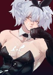 alternate_costume big_pecs black_gloves bunny_boy bunny_ears bunnysuit canon_crossdressing crossdressing cum cum_on_body cum_on_chest cum_on_pectorals cum_on_upper_body detached_collar drag_queen elbow_gloves gintama gintoki_sakata gloves hi_res lipstick male male_only male_playboy_bunny manly_crossdresser muscular muscular_male paako pecs poussiere solo twintails white_hair wig