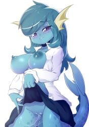 :3 absurdres ass_visible_through_thighs blue_hair blue_skin blue_skirt blush breasts breasts_out cetacean_tail clothes_lift collarbone collared_shirt colored_skin commentary eeveelution english_commentary female fins fir3born fish_girl fish_tail freckles furry furry_female generation_1_pokemon groin half-closed_eyes happy head_fins highres large_breasts lifted_by_self long_hair long_sleeves looking_at_viewer miniskirt nipples no_bra no_panties open_clothes open_shirt parted_lips personification pleated_skirt pokemon pokemon_(species) purple_eyes pussy pussy_juice pussy_juice_trail raised_eyebrows shiny_skin shirt showers_(pokemon) sidelocks simple_background skirt skirt_lift smile solo swept_bangs tail tail_raised teeth thick_thighs thighs vaporeon white_background white_shirt