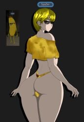 1boy artist_name ball_bulge banana big_ass femboy human legs_together looking_at_viewer looking_back male male_only male_thong no_visible_genitalia ogharu panties thick_thighs vrchat vrchat_avatar yellow_eyes yellow_hair