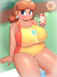 beverage beverage_can big_breasts blue_eyes blush braffy breasts clothing crown ear_piercing earrings fat female flower_earrings hair huge_breasts human looking_at_viewer mario_(series) mario_and_sonic_at_the_olympic_games nintendo one-piece_swimsuit orange_hair pac-man_eyes plant pool poolside princess_daisy soda solo swimsuit thick_thighs thighs