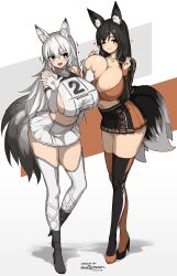 >:) 16.6_(artist) 2girls absurdres animal_ear_fluff animal_ears areola_slip asymmetrical_legwear bare_shoulders black_hair black_thighhighs blue_eyes breasts cleavage commission crop_top dated deep_skin elbow_gloves fox_ears fox_girl fox_tail gloves grabbing grabbing_another's_breast heart high_heels highres huge_breasts long_hair long_legs makino_momiji_(artist) microskirt midriff mismatched_legwear multiple_girls multiple_tails one_eye_closed open_mouth orange_thighhighs original race_queen shirt shrug_(clothing) sideboob signature simple_background skeb_commission skirt sleeveless sleeveless_shirt smile tail thighhighs v-shaped_eyebrows very_long_hair white_gloves white_hair white_thighhighs xyv_1 yellow_eyes zettai_ryouiki