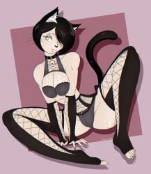 1girls bell bell_collar bikini bikini_bottom bikini_top black_gloves black_hair black_legwear breast_press breast_squeeze breast_squish breasts bumcum_(artist) cat_ears cat_eyes cat_girl cat_humanoid cat_nose cat_tail catgirl collar earring earrings fang_out feet felid feline female female_only fishnet fishnet_armwear fishnet_legwear fishnet_stockings fishnet_thighhighs fishnets freckled_skin freckles freckles_on_ass freckles_on_breasts freckles_on_butt freckles_on_chest freckles_on_face freckles_on_shoulders freckles_on_thighs gold_eyes half-closed_eyes half_naked hybrid light-skinned_female light_skin lingerie looking_left looking_sideways oc oerba_yun_fang one_eye_covered original original_character pierced_belly_button pierced_ear pierced_ears pierced_eyebrow pierced_navel pierced_nose piercing piercings pink_background pink_eyes pussy_bulge seductive_eyes seductive_look seductive_smile sharp_claws sharp_fingernails sharp_nails sharp_toenails shiny_skin short_hair sitting sitting_down smooth_skin solo solo_female spiked_collar straight_hair stripper teeth trixie_(bumcum) tufted_ears whiskers white_sclera