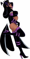 1girls ass black_boots black_gloves black_hair boots breasts covered_nipples dc dc_comics dcau erect_nipples gloves heel_boots heels helena_bertinelli huntress_(dc) leg_up lipstick long_hair mask purple_lipstick purple_mask sunsetriders7 thighhighs thighs white_background