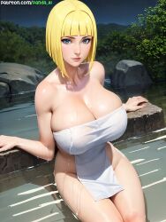 1girls ai_generated almost_naked barely_clothed big_breasts blonde_hair blue_eyes blunt_bangs bob_cut breast_focus breasts breasts_bigger_than_head bust busty cleavage expressionless eyelashes feet_out_of_frame female female_only hot_spring hourglass_figure huge_breasts kunoichi large_breasts light-skinned_female light_skin looking_at_viewer mature mature_female mostly_nude nai_diffusion naked_towel naruto naruto_(series) naruto_shippuden ninja onsen oppai outdoors paipan pale-skinned_female pale_skin panda_ai patreon_username pink_lips sagging_breasts samui shiny shiny_hair shiny_skin short_hair solo solo_focus stable_diffusion staring staring_at_viewer text top_heavy top_heavy_breasts towel towel_only upper_body url voluptuous watermark web_address