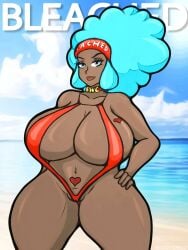 1girls 2023 afro artist_name beach biggy_deez bikini bleached bleached_clothing blue_eyes blue_hair breasts curvaceous curvy curvy_body curvy_female curvy_figure dark-skinned_female dark_skin english_text female female_only game_freak heart_tattoo huge_breasts large_breasts lenora_(pokemon) looking_at_viewer navel nintendo pokemon pokemon_bw pokemon_bw2 queen_of_hearts sling_bikini solo solo_focus tattoo text thick_thighs thighs voluptuous voluptuous_female water