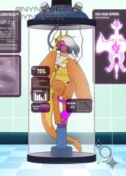 anthro claws digital_media_(artwork) dragon electrode english_text feet female hair hi_res horn inner_ear_fluff laboratory machine mask nude scalie science solo tail taiomifox tank tentacle text toes tuft vehicle water wings wyvern