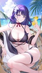 1girls absurdres arm_rest bikini blue_sky bracelet breasts chair cleavage closed_mouth cloud cocktail_umbrella cup day drinking_straw female flower food fruit genshin_impact hair_flower hair_ornament highres holding holding_cup jewelry k_rity k_rity_(twitter) large_breasts looking_at_viewer mole mole_under_eye navel ocean orange_(fruit) orange_slice outdoors purple_eyes purple_hair purple_nails raiden_shogun rity sitting sky solo stomach swimsuit thigh_strap twitter twitter_link twitter_username