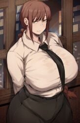 1girls big_breasts braid braided_hair breasts button_down_shirt chainsaw_man clothed female gerogero51 huge_breasts looking_at_viewer makima_(chainsaw_man) pants red_hair thick_thighs tie tight_clothing voluptuous wide_hips yellow_eyes