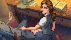 2d background blush brown_hair bulge_grab chair clothed desk detailed_background duo eye_contact fully_clothed gryffindor hair hand_on_crotch harry_potter headmaster's_office hermione_granger hogwarts hogwarts_school_uniform hogwarts_student human human_only indoors innocent_witches light-skinned_female light-skinned_male light_skin lips long_hair looking_at_another looking_at_partner magazine male marcus_redblack miniskirt offering_sex office on_chair partial_male pleated_skirt propositioning sad_crab scerg school school_uniform schoolgirl schoolgirl_uniform shirt short_sleeves siserg sitting skirt sleeveless spread_arms straight student table teacher teacher_and_student unprofessional_behavior vest witch wizard