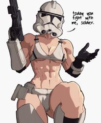 1girls abs armored_gloves bare_thighs biceps big_breasts black_gloves boots cleavage_cutout clone_trooper curvy deltoids english_text fair-skinned_female genderswap_(mtf) gun helmet holding_gun muscular muscular_arms muscular_female panties rule_63 sideboob solo star_wars thigh_boots thighs underboob underwear white_bra yoracrab