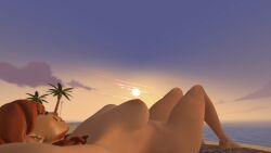 1girls aura_(fortnite) beach completely_nude fortnite large_breasts laying_down palm_tree sfm tagme