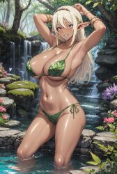 1girls 2023 ai_generated anime_nose bracelet breasts_bigger_than_head cleavage clothed_female elf female_focus female_only huge_breasts leaf_bikini leaf_clothing looking_at_viewer pointy_ears seductive_look stable_diffusion voluptuous voluptuous_female