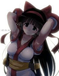 1girls ainu_clothes alternate_breast_size armpit_fetish armpit_focus armpits arms_behind_head big_breasts black_hair blush breasts busty cleavage female female_only grey_eyes hair_ribbon hirowa_nagi king_of_fighters large_breasts long_hair looking_at_viewer nakoruru pose posing ribbon samurai_shodown sensual sexy_armpits smile snk solo sweat weapon