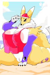 anthro areola bandai_namco beach black_sclera bottomless clothed clothing digimon digimon_(species) female fur genitals hat headgear headwear hi_res hyper princedragonsfw pussy red_clothing red_hat red_headwear red_shirt red_topwear renamon seaside shirt solo solo_focus spread_legs spreading topwear yellow_body yellow_fur