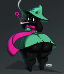 1boy 2d_(artwork) anthro ass ass_bigger_than_head ass_cleavage ass_focus black_body black_fur blush bubble_ass bubble_butt clothed clothing curvaceous curvy deltarune femboy furry furry_only glasses huge_ass joaoppereiraus large_ass looking_at_viewer looking_back male male_only meme no_pupils ralsei ralsei_smoking_blunt ralsei_with_black_fur scar shiny_skin shortstack simple_background smoking standing text unaware voluptuous white_eyes wide_hips