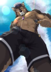 abs anthro big_bulge bottomwear brown_body brown_fur bulge canid canine canis clothing detailed_bulge domestic_dog fur hi_res jewelry lifewonders live_a_hero low-angle_view male mammal muscular muscular_anthro muscular_male necklace nipples one_eye_closed pecs pubraseer sailor_hat shorts situkwiyd solo swimwear wink worm's-eye_view