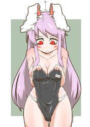 animal_ears blush_stickers breasts cleavage closed_mouth commentary covering covering_chest covering_crotch cowboy_shot female frown holding_leotard large_breasts leotard leotard_removed long_hair looking_down name_tag nervous_sweating panties playboy_bunny rabbit_ears red_eyes reisen_udongein_inaba solo standing sweat topless touhou twitter_username underwear white_panties zannen_na_hito