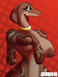 absurd_res anthro big_breasts breasts brown_body female gold_(metal) gonda heart hi_res humanoid nipples reptile scalie simple_background snake solo thick_thighs