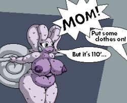 big_breasts bodily_fluids breasts chubby_female dialogue digital_media_(artwork) female generation_6_pokemon goodra hi_res nintendo nipples nude numelgon pixel_(artwork) pokemon pokemon_(species) purple_body purple_nipples purple_skin slightly_chubby speech_box sweat thick_thighs unaware wide_hips