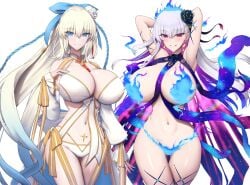 2girls blue_eyes breasts commission fate/grand_order fate_(series) female hips huge_breasts kama_(fate/grand_order) kama_(swimsuit_avenger)_(fate) light-skinned_female light_skin long_hair morgan_le_fay_(fate) naughty_face red_eyes shiroshisu simple_background smile swimsuit thick_thighs thighs white_hair wide_hips